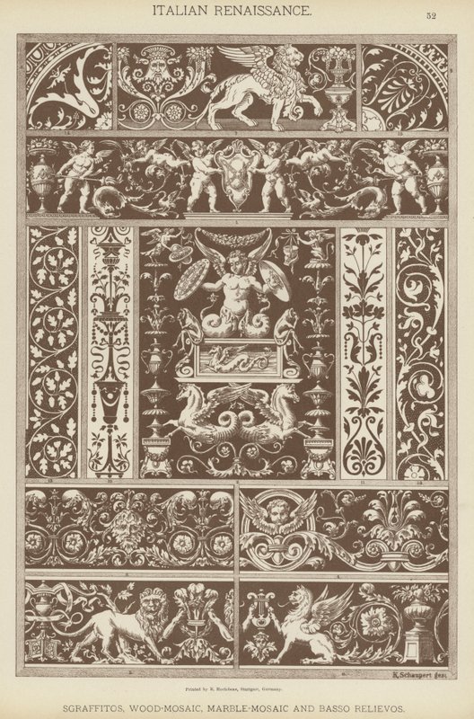 Rinascimento italiano, sgraffiti, mosaico di legno, mosaico di marmo e bassorilievi da German School
