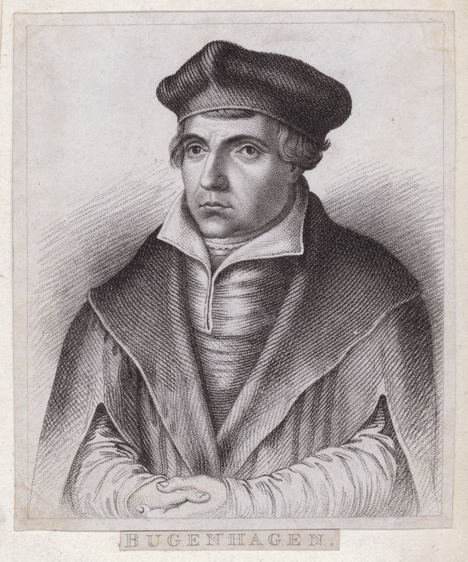 Johannes Bugenhagen (Doctor Pomeranus), sacerdote e teologo tedesco che introduce la Riforma protestante in Pomerania e Danimarca (incisione) da German School