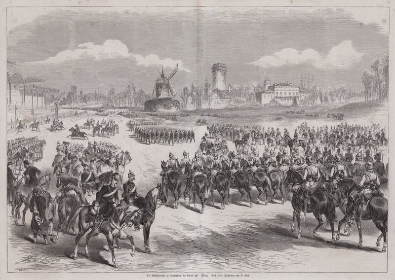 Kaiser Guglielmo I di Germania che osserva la sua armata sfilare a Longchamp, Parigi, Francia, marzo 1871 da German School