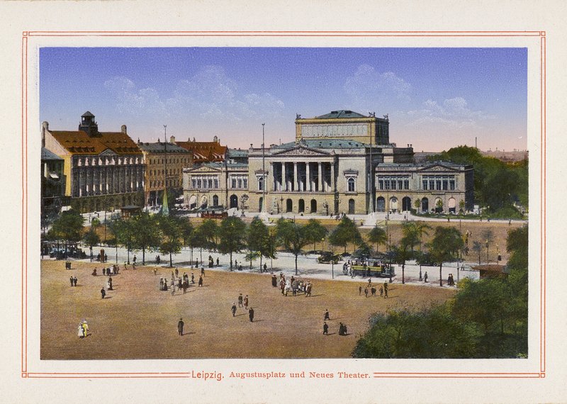 Lipsia, Augustusplatz e Nuovo Teatro (litografia a colori) da German School