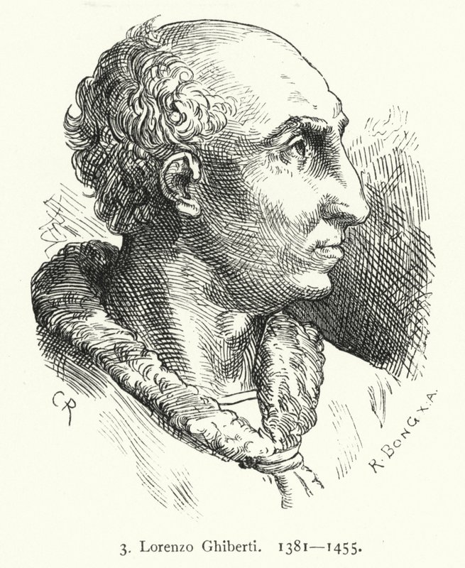 Lorenzo Ghiberti, artista del primo Rinascimento fiorentino che progettò le porte di bronzo del Battistero di Firenze (incisione) da German School