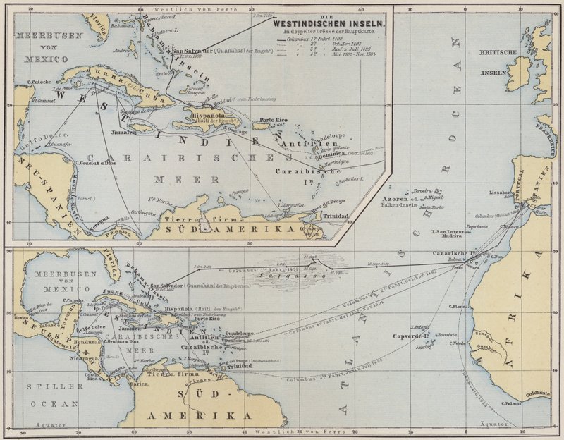 Mappa che mostra i viaggi di Cristoforo Colombo, 1492-1504 da German School