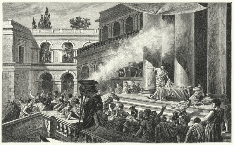 Marco Antonio provoca una rivolta con il suo discorso al funerale di Giulio Cesare, 44 a.C. da German School