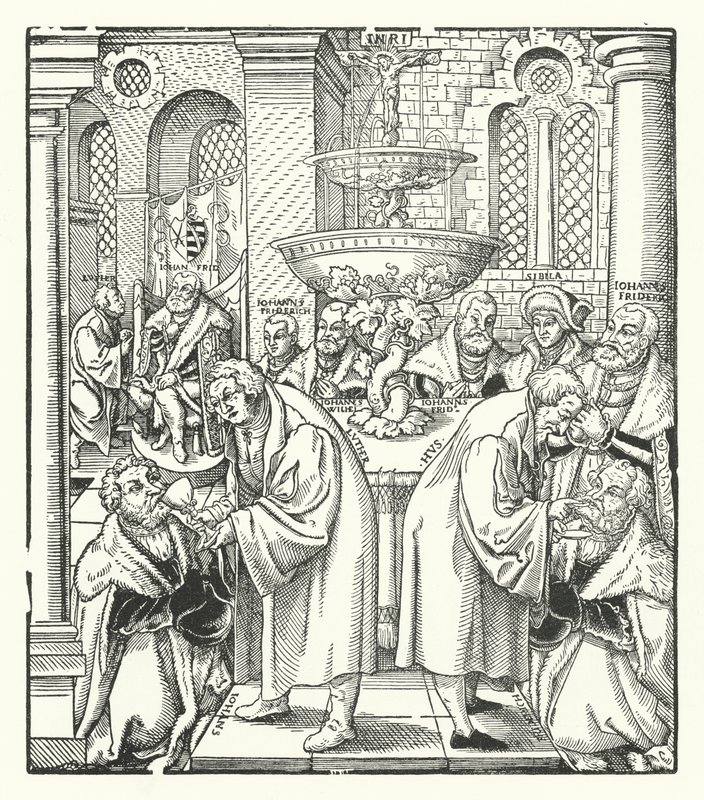 Martin Lutero e Jan Hus che amministrano la Santa Comunione alla famiglia reale sassone da German School