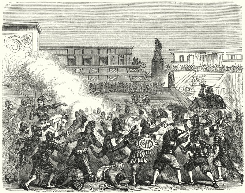 Massacro di guerrieri e nobili aztechi a Cholula da parte dei conquistadores spagnoli di Hernan Cortes da German School