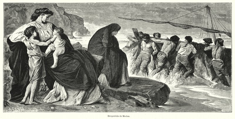 Addio di Medea: scena dalla tragedia greca antica Medea di Euripide, basata sulla leggenda di Medea e Giasone da German School