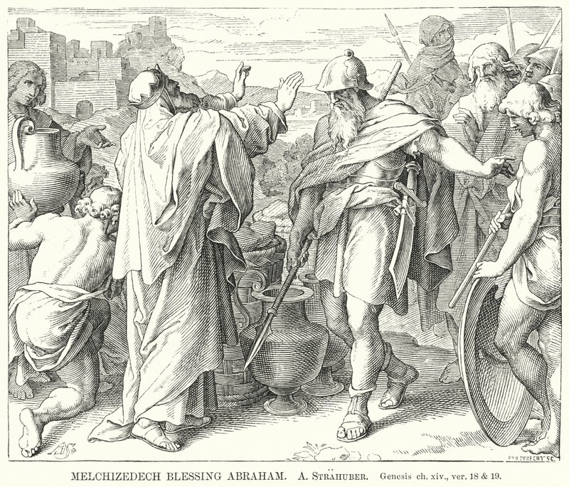Melchisedec benedice Abramo, Genesi, cap xiv, versetti 18 e 19 (incisione) da German School