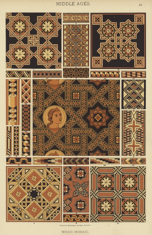 Medioevo, mosaico in legno (litografia a colori) da German School