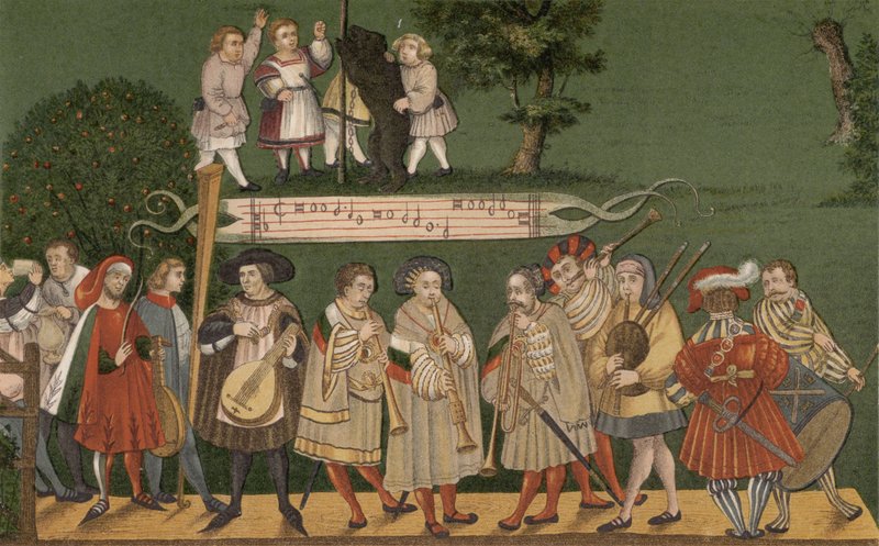 Musicisti di Augusta, Germania, che suonano per i ballerini del Geschlechtertanz, 1520 da German School