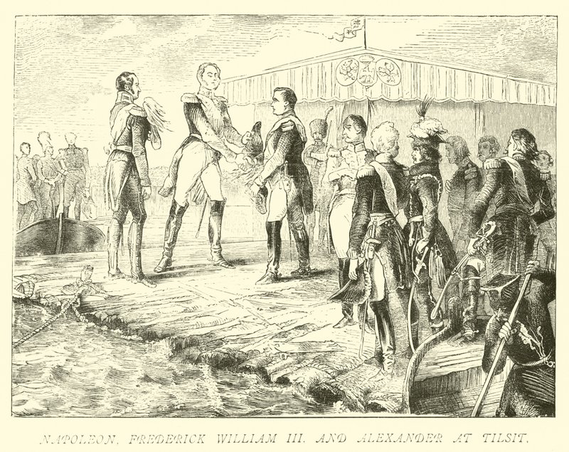 Napoleone, Federico Guglielmo III e Alessandro a Tilsit da German School