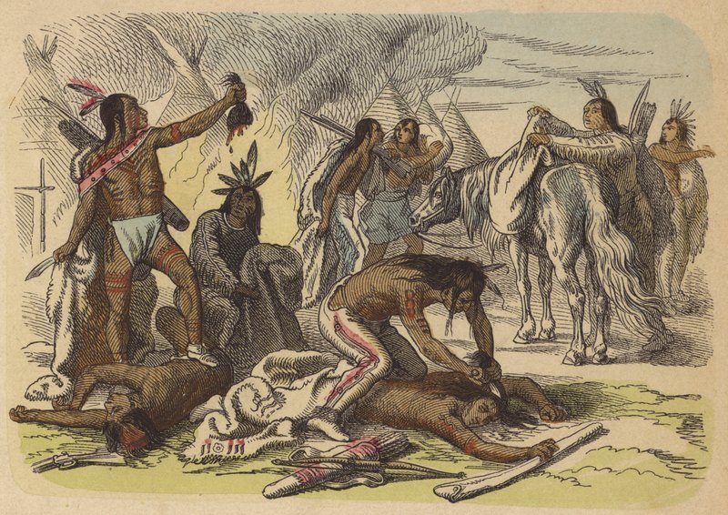 Guerrieri nativi americani che prendono gli scalpi dei loro nemici (incisione colorata) da German School