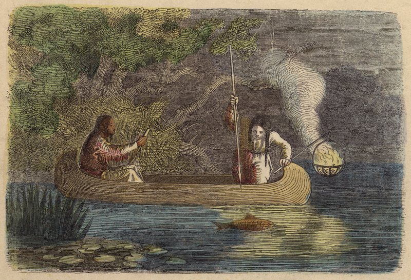 Nativi americani che pescano di notte (incisione colorata) da German School