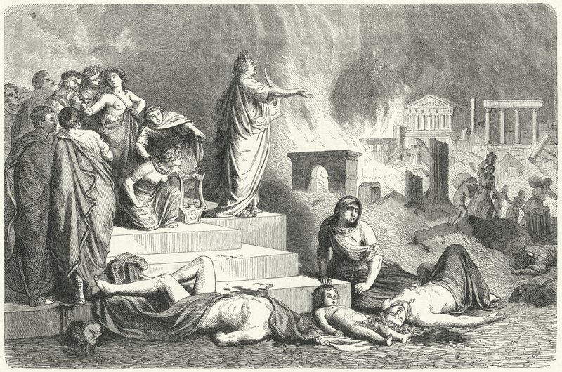 Nerone durante il grande incendio di Roma, 64 (incisione) da German School
