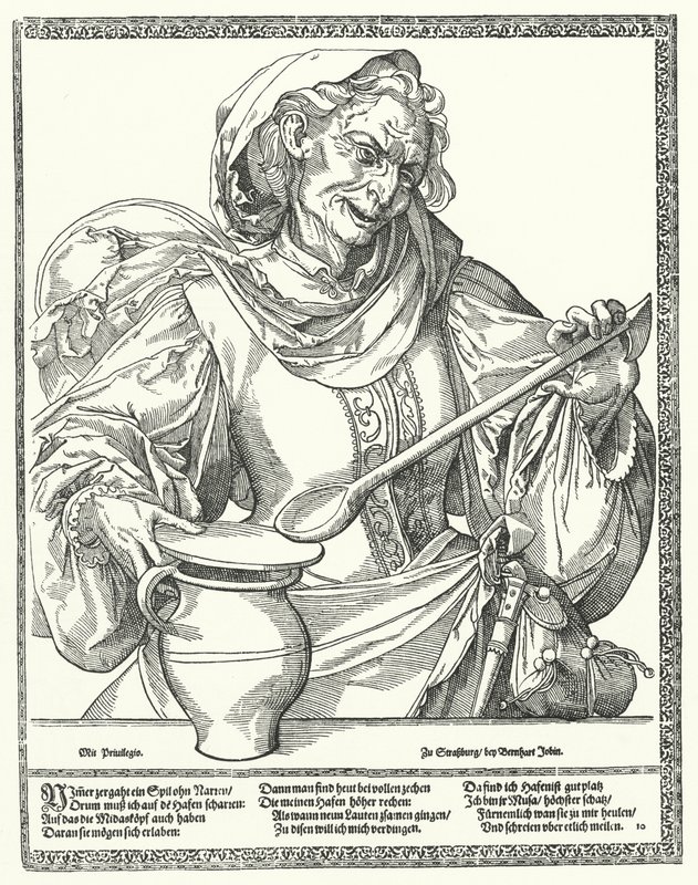 Vecchia donna con una brocca e un cucchiaio (incisione) da German School