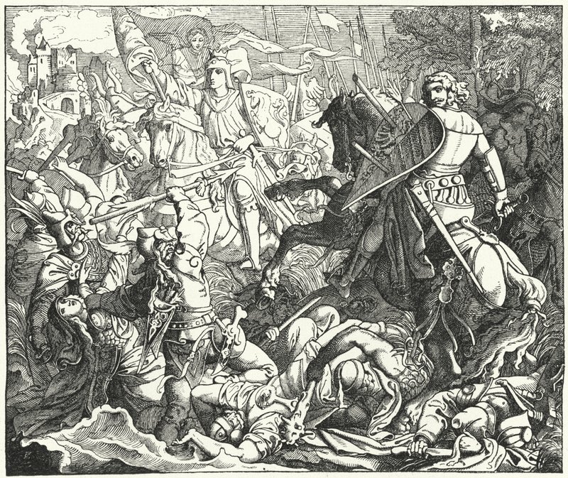 Ottone I di Germania che sconfigge i Magiari nella battaglia di Lechfeld, 955 da German School