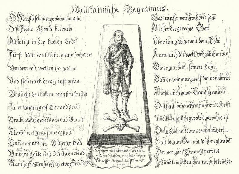 Opuscolo emesso in memoria del leader militare boemo assassinato Albrecht von Wallenstein da German School