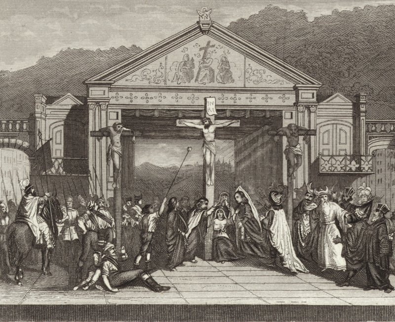 Rappresentazione della Passione a Oberammergau, Baviera, Germania. Illustrazione per Bilder-Atlas da German School