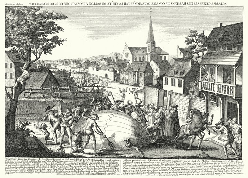 Contadini che attaccano il pallone di Jacques Charles e dei Fratelli Robert dopo che è atterrato a Gonesse, 27 agosto 1783 (incisione) da German School