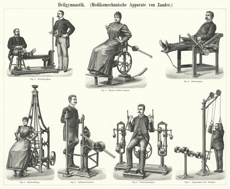 Fisioterapia: apparato di meccanoterapia inventato dal medico e ortopedico svedese Gustav Zander (incisione) da German School
