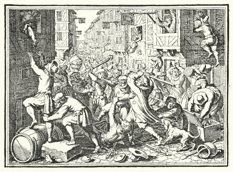 Saccheggio del Judengasse, il ghetto ebraico di Francoforte, nella rivolta di Fettmilch, 1614 da German School