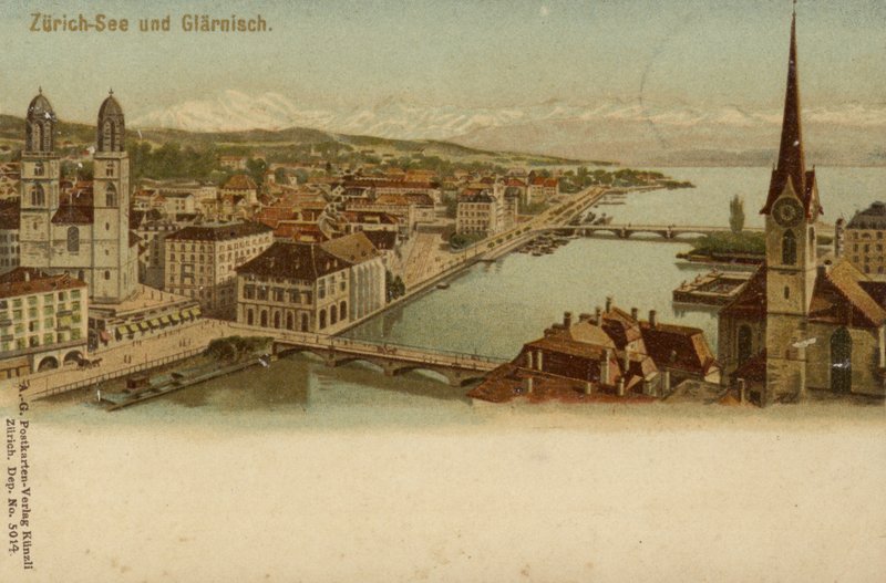 Cartolina raffigurante una vista generale della città di Zurigo da German School