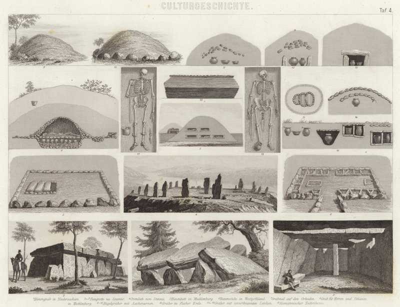 Camere funerarie preistoriche. Illustrazione per Bilder-Atlas (incisione) da German School