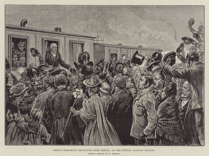Partenza del principe Bismarck da Berlino, alla stazione ferroviaria di Stettino (incisione) da German School