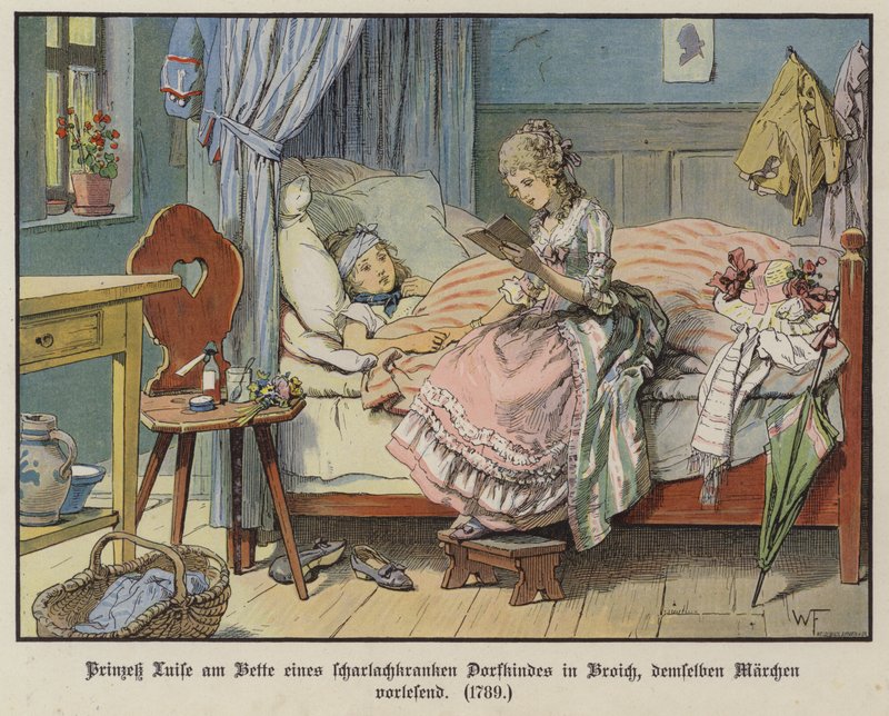 Principessa Louise di Mecklenburg-Strelitz che legge al capezzale di una ragazza del villaggio malata a Broich da German School