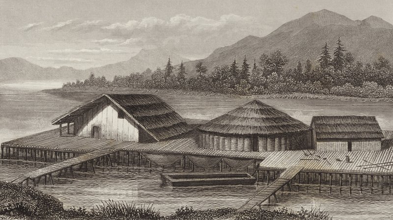 Ricostruzione di un antico villaggio lacustre. Illustrazione per Bilder-Atlas da German School