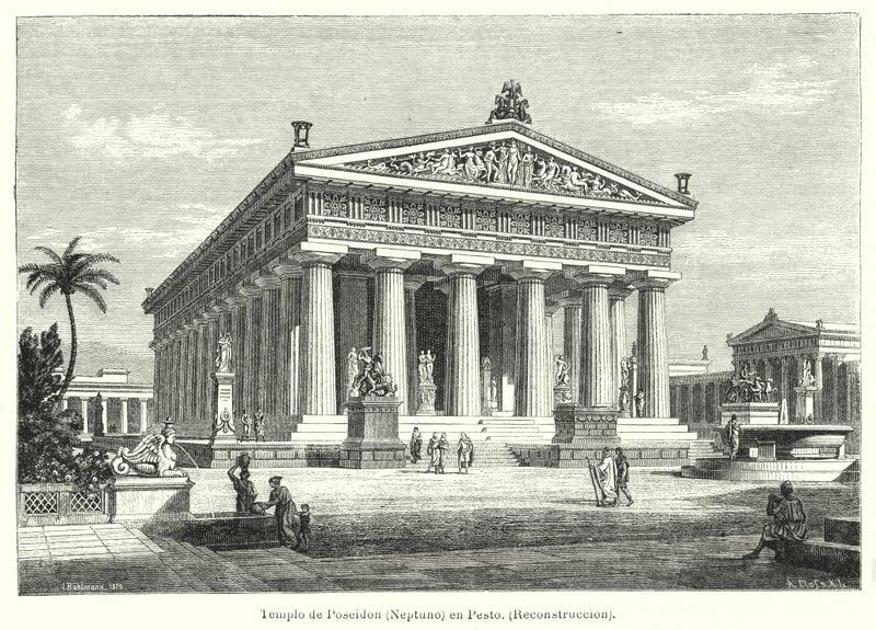 Ricostruzione del Tempio Greco Antico di Poseidone, Paestum, Italia da German School