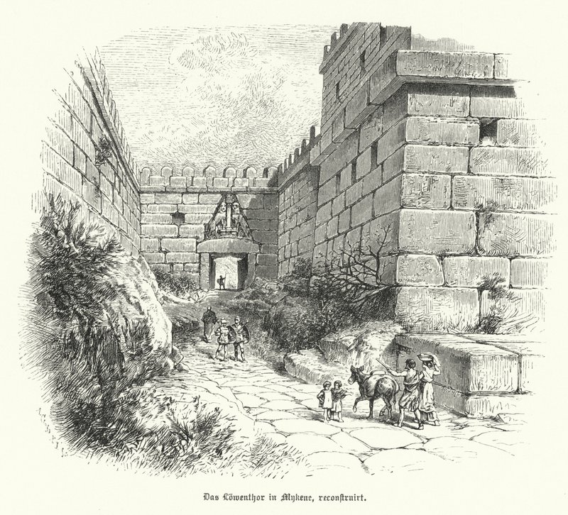 Ricostruzione della Porta dei Leoni, ingresso alla cittadella di Micene, Grecia da German School