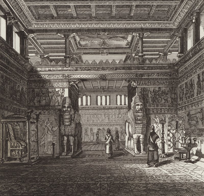 Ricostruzione della sala di un re assiro. Illustrazione per Bilder-Atlas da German School
