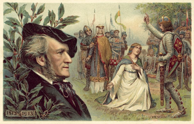 Richard Wagner e una scena dalla sua opera Lohengrin da German School