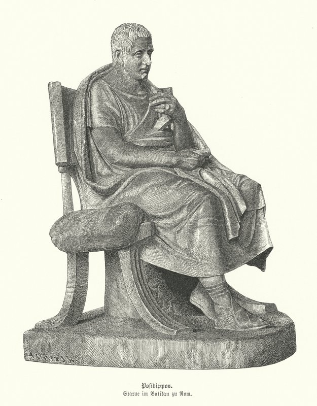 Copia romana di una statua del poeta comico greco antico Posidippo da German School