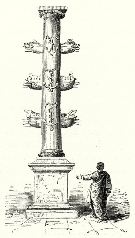 Colonna rostrata di Gaio Duilio, commemorativa della vittoria navale romana sui cartaginesi nella battaglia di Milazzo nel 260 a.C. (incisione) da German School