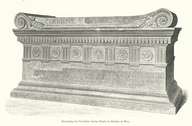 Sarcofago del soldato romano e console Lucio Cornelio Scipione Barbato in Vaticano, Roma (incisione) da German School