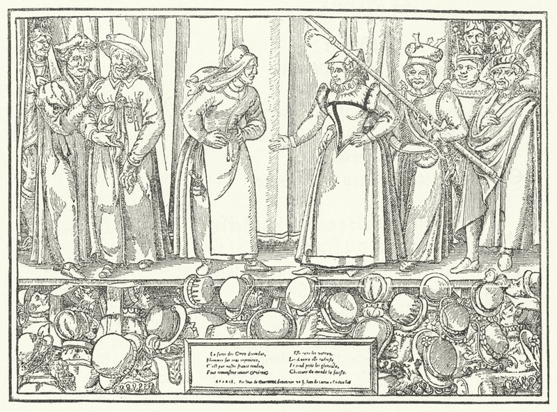 Scena di una commedia in un teatro tardo medievale (incisione) da German School