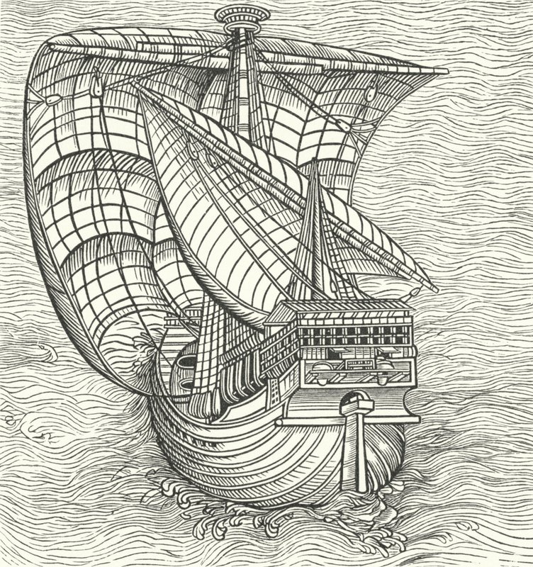 Nave marittima che naviga con il vento (incisione) da German School
