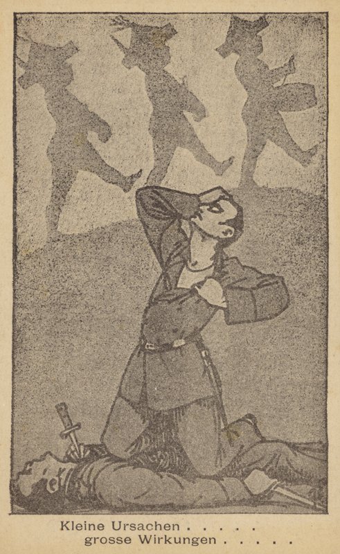 Piccole cause grandi effetti. Illustrazione tedesca contro la guerra, pubblicata dalla WILPF (Lega internazionale delle donne per la pace e la libertà), fine anni Venti (litografia). da German School