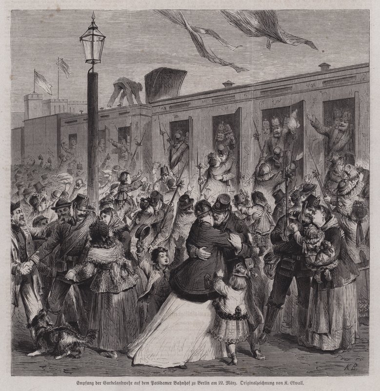 Soldati della Gardelandwehr prussiana accolti alla stazione di Potsdam, Berlino, al loro ritorno dalla guerra franco-prussiana, 22 marzo 1871 da German School