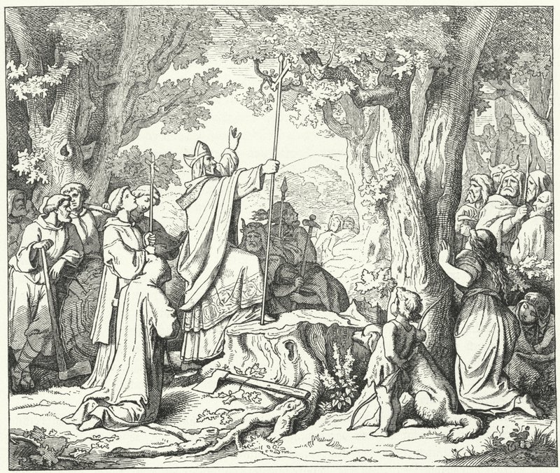 San Bonifacio abbatte la Quercia di Donar, sacra ai pagani tedeschi (incisione) da German School