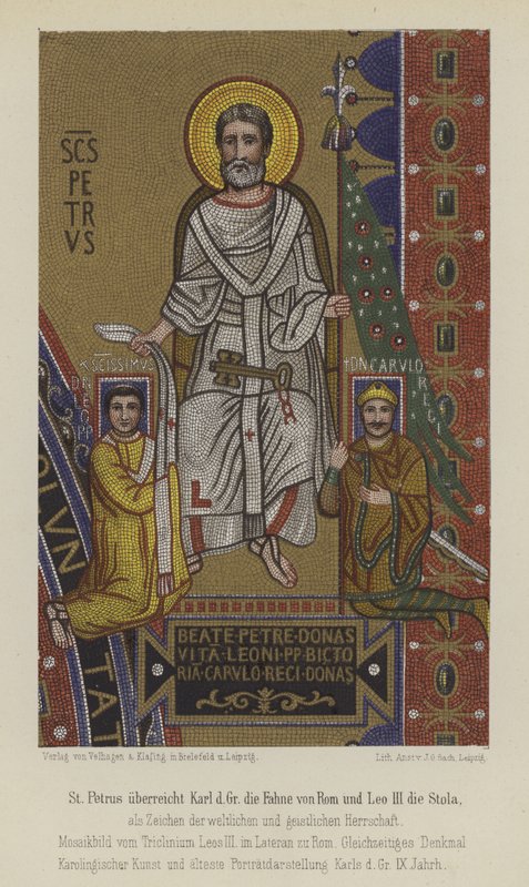 San Pietro presenta a Carlo Magno la bandiera di Roma e Papa Leone III la stola da German School