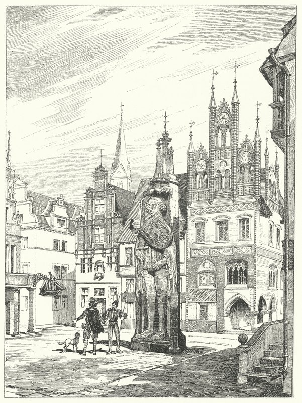 Statua di Rolando eretta nel 1404 di fronte alla cattedrale di Brema, Germania (incisione) da German School