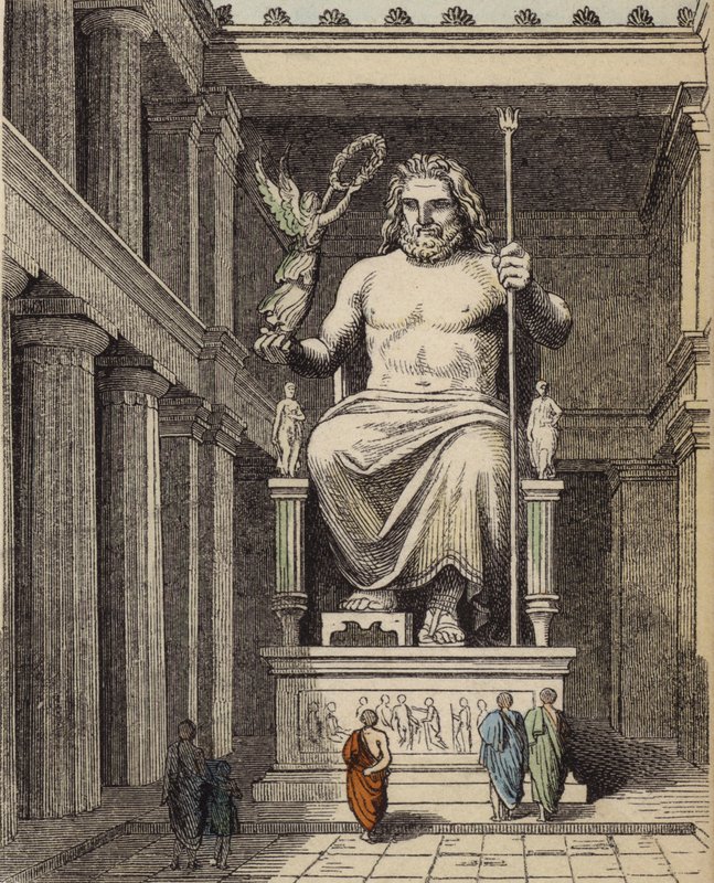 Statua di Zeus nel tempio greco antico di Olimpia da German School