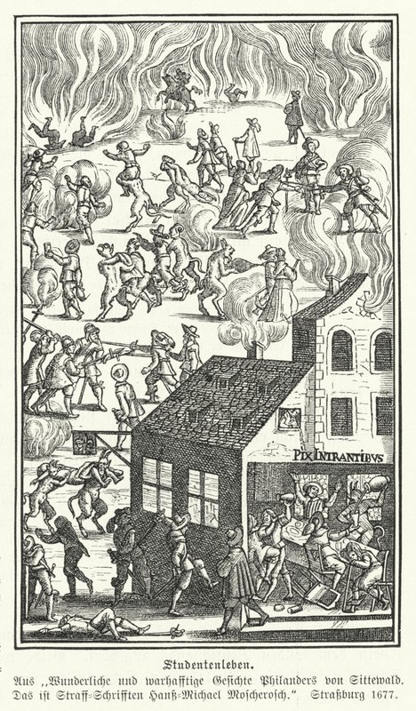 Vita studentesca: scena da Gesichte Philanders von Sittewald, di Johann Michael Moscherosch da German School