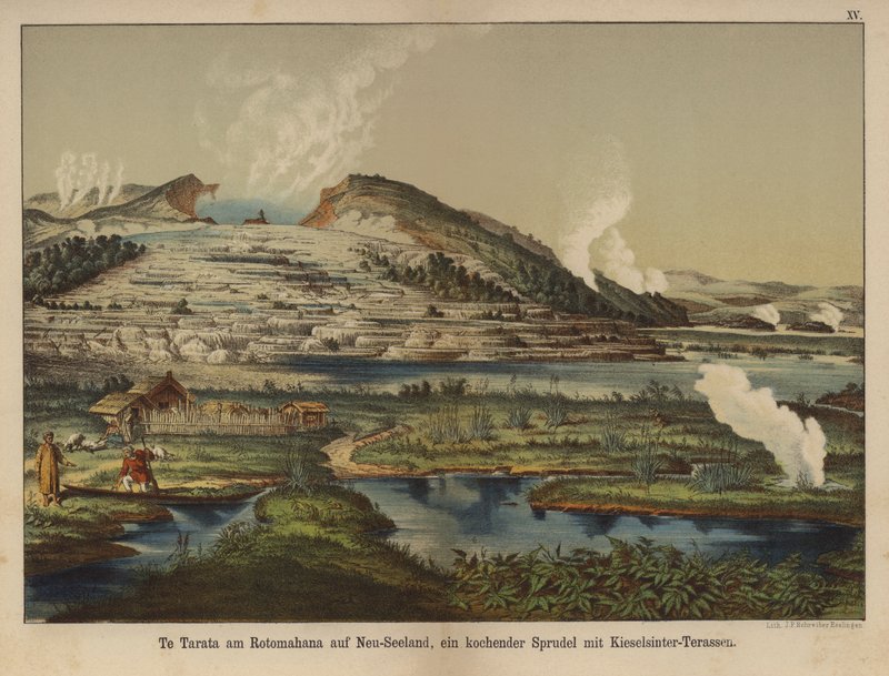 Te Tarata (Terrazza Bianca), depositi di silice geotermica sulla riva del Lago Rotomahana, Nuova Zelanda da German School
