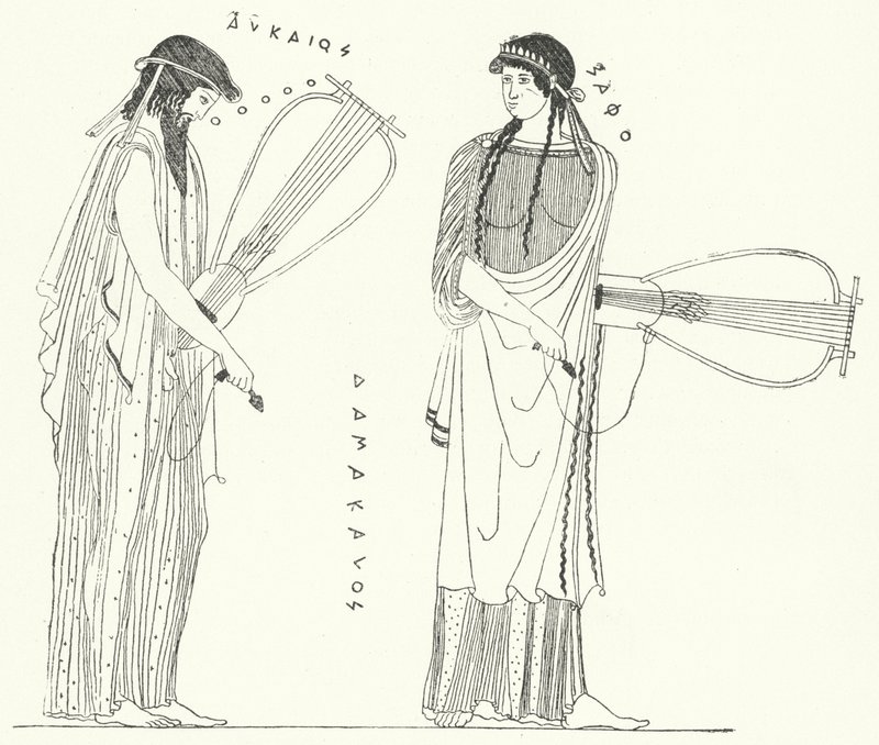 Il poeta greco antico Alceo e la sua amante Saffo (incisione) da German School