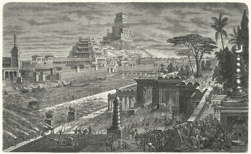 La caduta di Babilonia ai Persiani, 540 a.C. (incisione) da German School