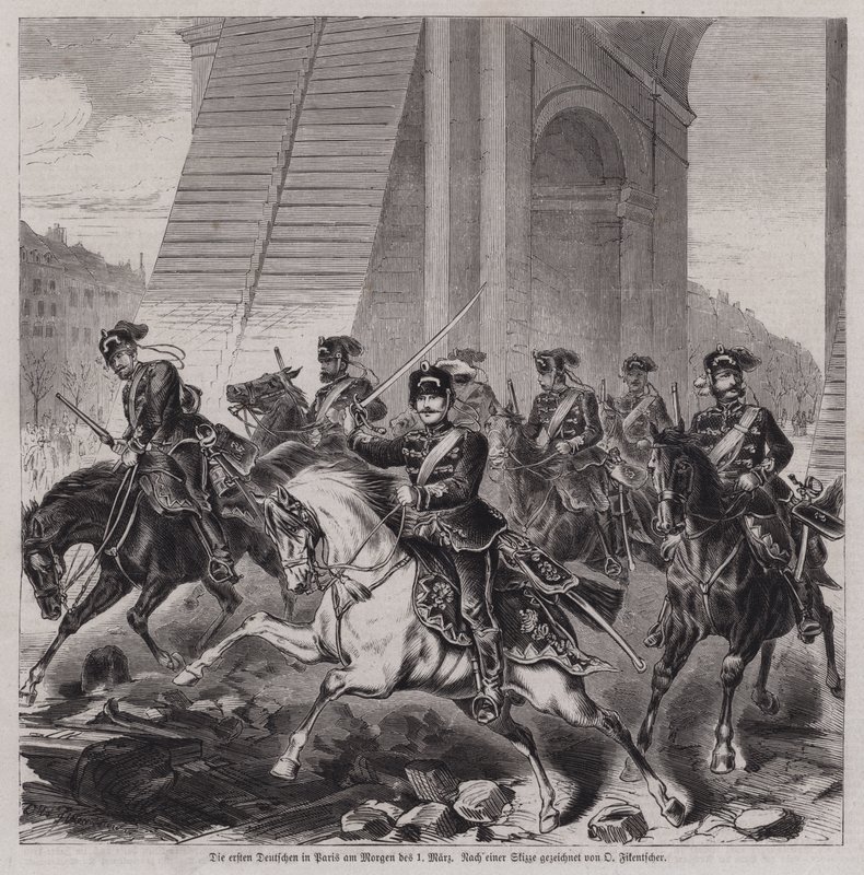 I primi soldati tedeschi che entrano a Parigi per occupare la città dopo la fine della Guerra Franco-Prussiana da German School