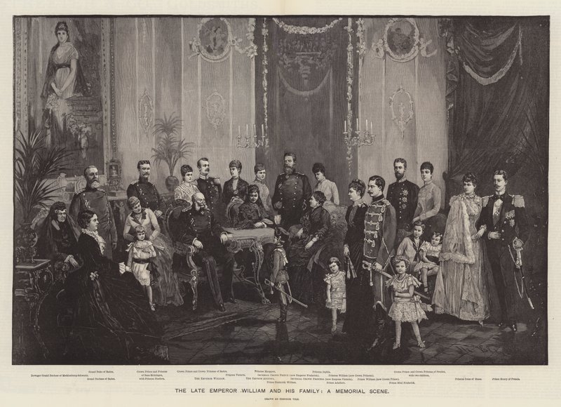 Il defunto imperatore Guglielmo e la sua famiglia, una scena commemorativa (incisione) da German School